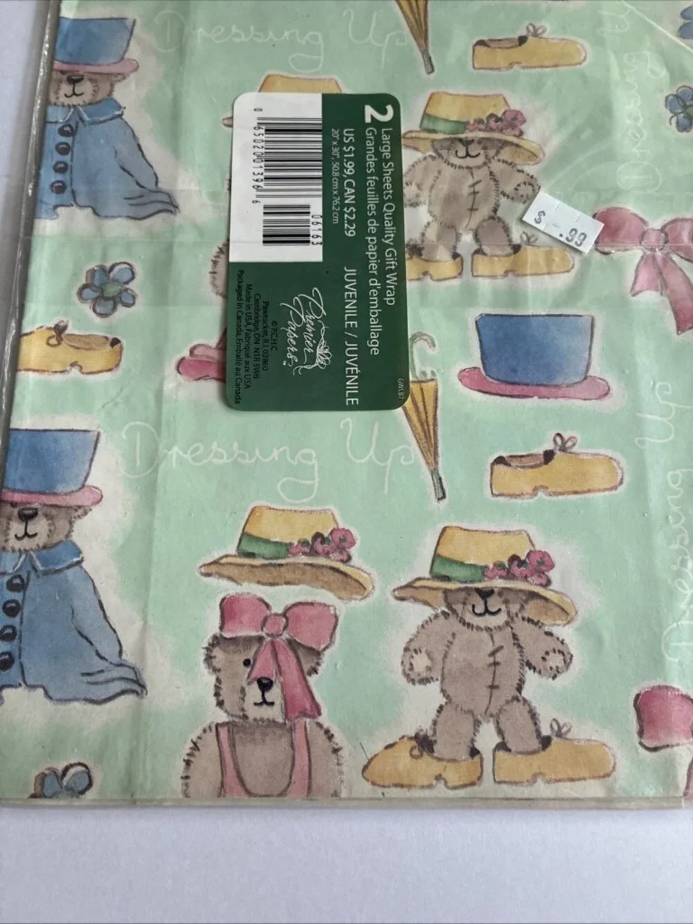 Vintage Teddy Bear Dressing Up Gift Wrap 2 Sheets Juvenile Wrapping Paper 20x30